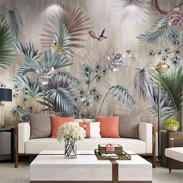 Papel tapiz personalizado para paredes 3D Planta nórdica Hojas Flores Pájaros Mural de pared Retro Sala de estar Sofá TV Fondo Papel de pared 210722