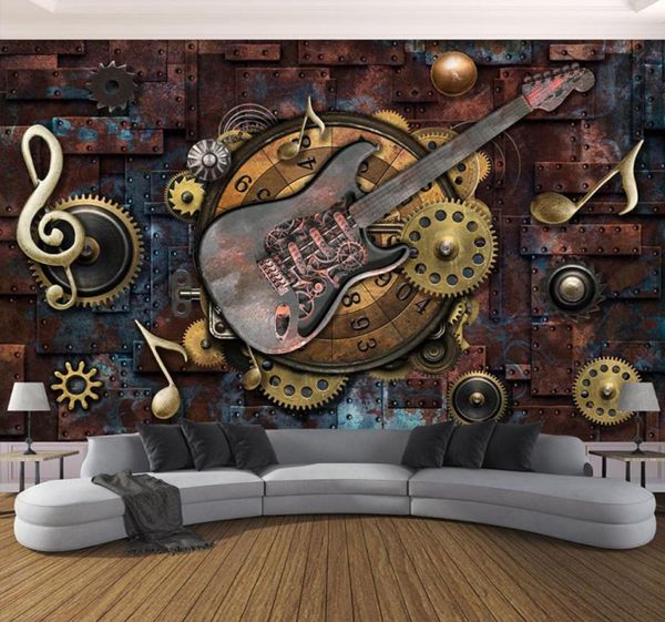 Fond d'écran PO personnalisé pour murs 3D Retro Guitar Notes de musique Bar Ktv Restaurant Cafe Fond Papier mural Mural Mur Art 3D1084056