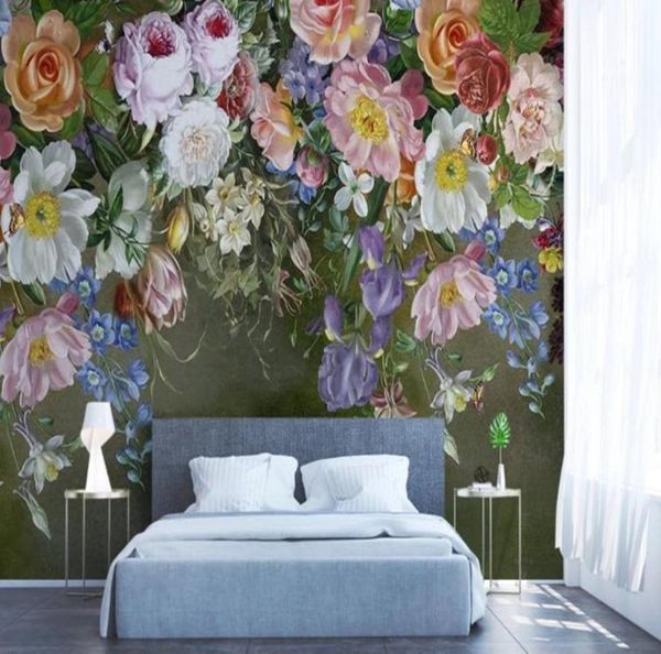 Fond d'écran PO personnalisé Mural 3D Vintage Nostalgique Nostalgique Drawn Rose Flower Bedroom Canapa Fond d'écran pour murs 3 D2214169