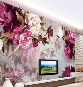 Custom Po Wallpaper Muursticker Handgemaakte Pioenbloem Houten Achtergrond papel de parede 3d para sala atacado1010285