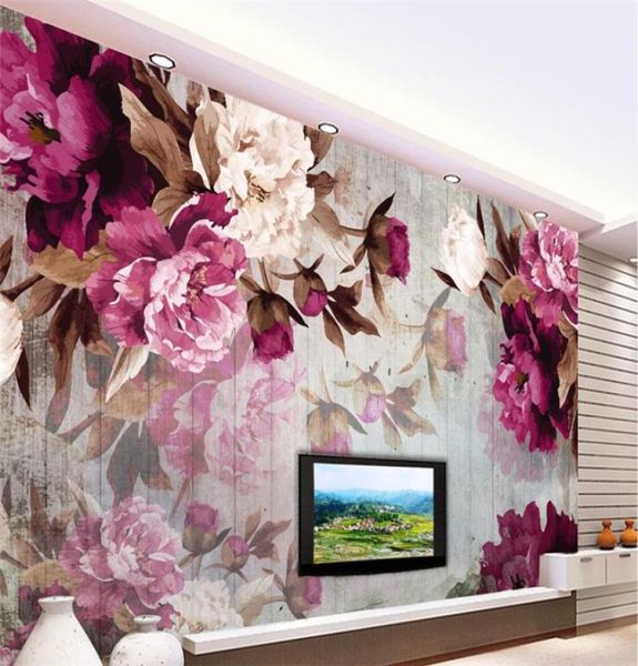 Papier peint personnalisé Po papier peint autocollant mural fait à la main fleur de pivoine fond en bois papel de parede 3d para sala atacado1010285