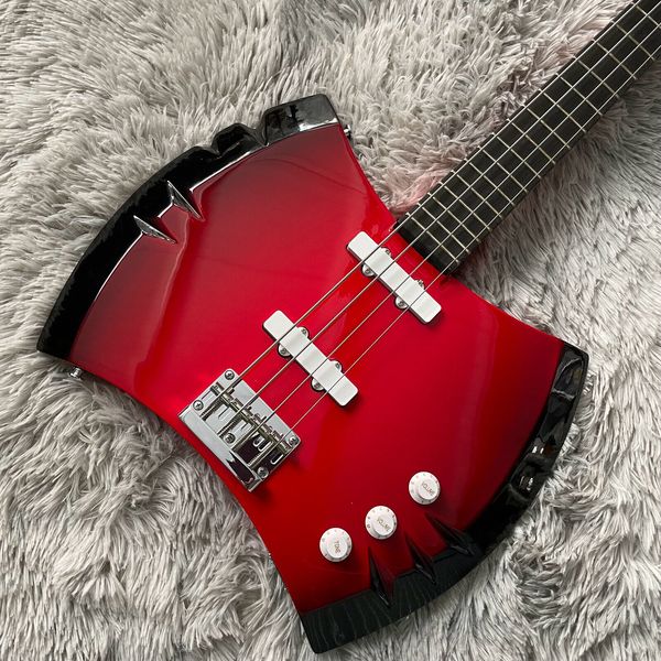 Custom Precision 4 Cordes Marcelin Rouge Panneau Axe Basse Guitare Électrique Cou À Travers Le Corps, Chrome Matériel Rouge Haut Bord Noir Échelle Courte