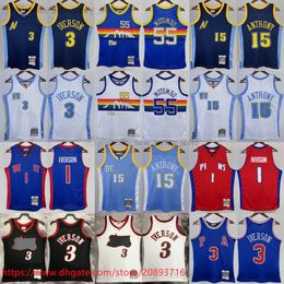 Gedrukte klassieke Retro 2006-07 Basketbal 15 Carmelo Anthony Jersey Vintage Dikembe Mutombo Allen Iverson Jerseys Shirts Blue White 1991-92 Iverson 1997-98