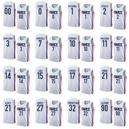 Op maat gemaakte EuroBasket basketbalshirts 2022 Navy Home White Away 0 Elie Okobo 1 Frank Ntilikina 2 Amath M'Baye 3 Timothe Luwawu-Cabarrot 10 Evan Fournier Jersey