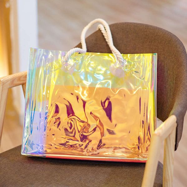 Sac de Shopping Transparent étanche pour plage, imprimé personnalisé, fourre-tout en Pvc Transparent à la mode avec poignées, vente en gros