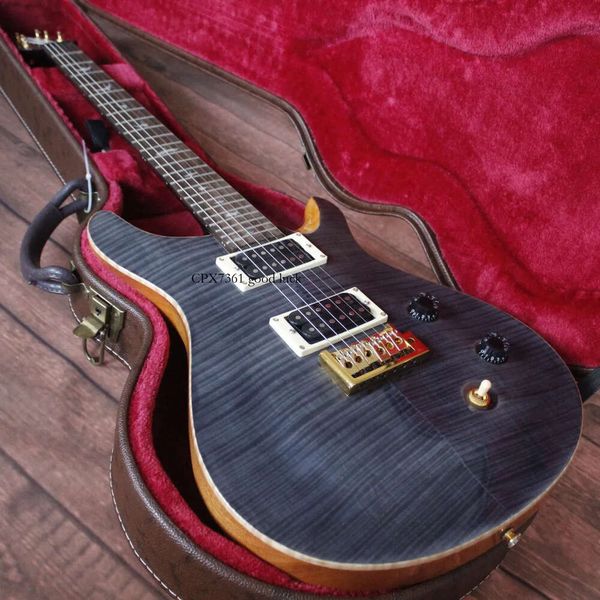 Stock privado personalizado, guitarra eléctrica con tapa de arce flameado, azul oscuro, gris, puente trémolo, encuadernación de cuerpo de madera, incrustaciones de pájaros y perlas blancas