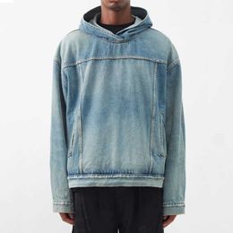 Veste de pullover personnalisée Coton Drop épaule Stone Washed Denim Hoodie Line Design Pockets Men Men Men avec un sweat à capuche