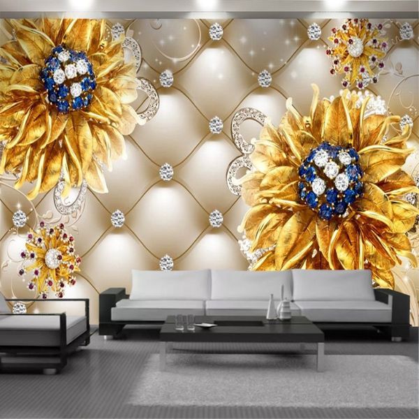 Personnalisé au détail 3d papier peint luxueux diamant fleur amélioration de l'habitat salon chambre cuisine peinture murale Wallpapers301y