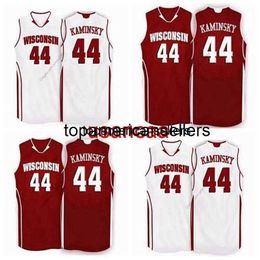 Aangepaste retro Frank Kaminsky #44 Wisconsin Badgers Basketball Jersey genaaide witte rode maat S-4XL Elke naam en nummertruien