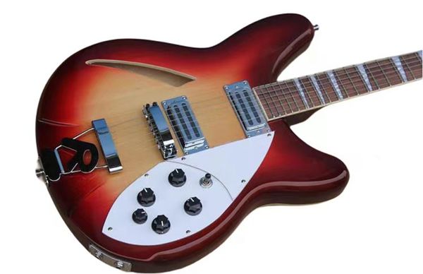 Fire Glo Vintage Sunburst 360 6 Cordes Semi Hollow Body Guitare Electric Guitare Dual Entrée Prises, Triangle Mère d'incrustation perloïdienne, Touche de palissandre