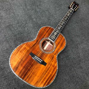 Aangepaste ronde body akoestische gitaar 39 inch ooo solide Koa houten abalone bindende levensboom inleg paraplu -logo 45 mm moer breedte