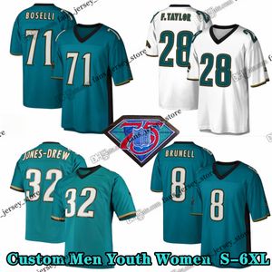Custom S-6XL 75th Throwback 28 Fred Taylor Football Jerseys 71 Tony Boselli 1997 87 Keenan McCardell 32 Maurice Jones-Drew 8 Mark Brunell Cousue Jersey Youth Women