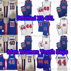 Custom S-6XL Throwback 1988-89 Basketbal 11 Isiahthomas Jersey Classic Vintage 40 Billlaimbeer 44 Rickmahorn 10 Dennisrodman Ademen Blauw Wit