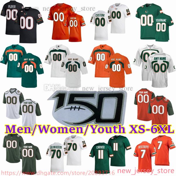 Camisetas de fútbol personalizadas S-6XL NCAA College Miami Hurricanes 7 Xavier Restrepo 11 Jackson Carver 87 Gabriel Valladares 5 Key'Shawn Smith 9 Tyler Van Dyke 64 Jalen Rivers