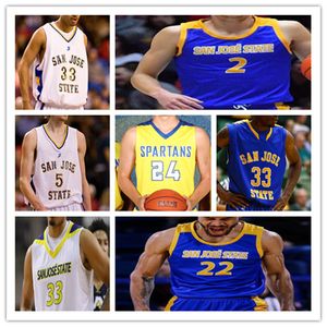 Custom San José State Spartans College Basketbal Jerseys Tibet Gorener Josh O'Garro Omari Moore Caleb Simmons Trey Smith Shon Robinson Ibrahima Diallo Geelblauw