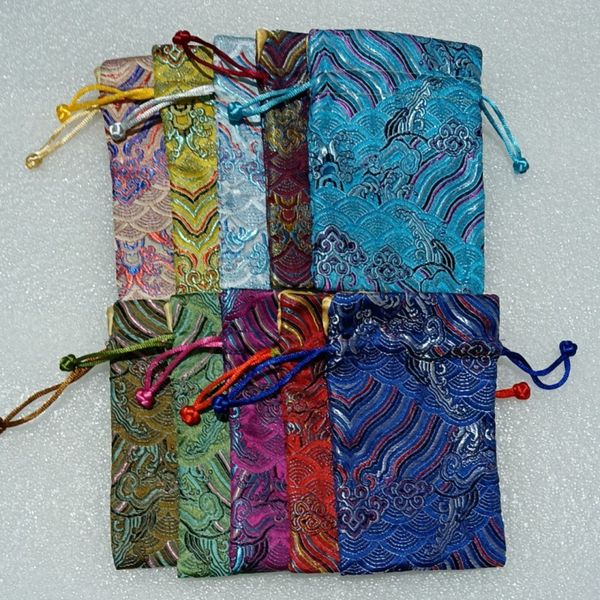 Bolsas de regalo con cordón de brocado de seda chino de agua de mar personalizadas con tela satinada forrada bolsas de joyería étnica al por mayor 8x13cm 10 unids/lote