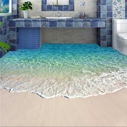 Aangepaste zelfklevende vloer muurschildering po wallpaper 3D zeewater golfvloer sticker badkamer dragen antislip waterdichte muur papers 210722