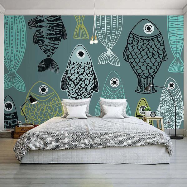 Papel tapiz autoadhesivo personalizado para dormitorio infantil, Mural de dibujos animados de peces pintado a mano, Simple, moderno, pegatina impermeable 3D