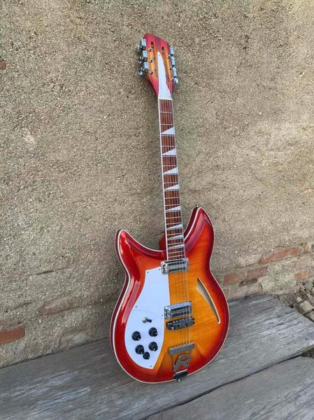 Guitarra eléctrica personalizada para zurdos, cuerpo semihueco, 12 cuerdas, 381 Cherry Sunburst, con puente de cola de arce flameado