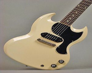 Aangepast SG Junior 1965 Polaris White Electric Guitar Single Coil Black P90 Pickup Chrome Hardware Black Pickguard Dot FingerBoA8708570