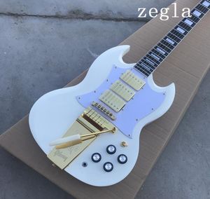 Shop personnalisée 1968 SG SG POLARIS WHITE DOUBLE COUTAWAWY Guitare électrique Version longue Maestro Vibrola Gold Tremolo Birdge 3 Pickups2613355