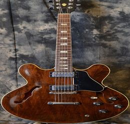 Tienda personalizada 355 Walnut Brown 1972 Semi Hollow Body Jazz Guitarra Electric Pickguard Cream Amarillo Banding Pearl Block Inslays3811929