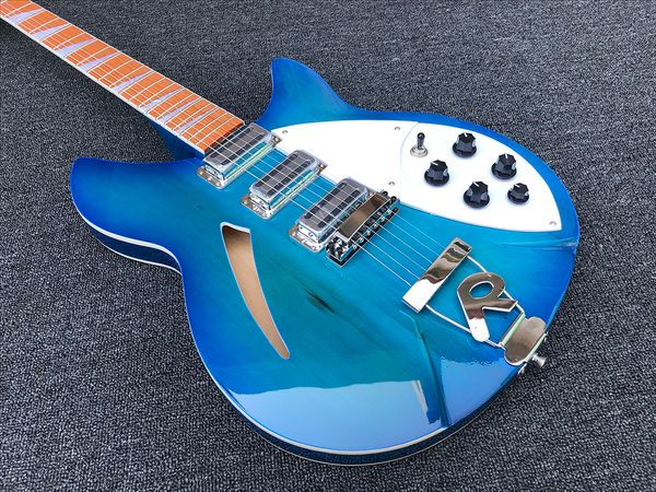 Custom Shop 6 cordes bleu clair R Bridge guitare électrique Ric 360 guitare électrique cou à travers le corps guitares livraison gratuite