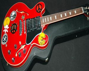 Atelier personnalisé Alvin Lee semi creux de corps Big Red 335 Jazz électrique Guitare Multi autocollants Top Small Block Incrust 60s Neck Hsh Picku5802988