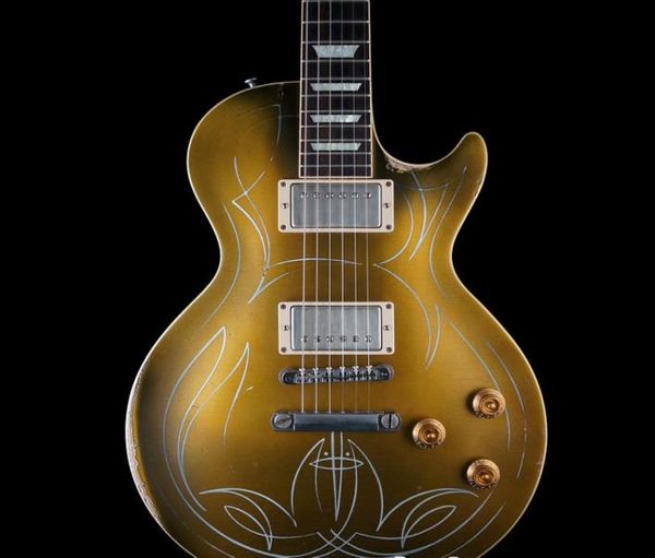 Tienda personalizada Billy Gib 1957 Pinstripe Goldtop Stain Top de guitarra eléctrica Reliquia Vos Vosgatorios trapezoides Pearl Inlay Chrome Hardwar6462483