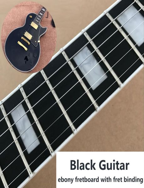 Tienda personalizada Guitarra eléctrica de belleza negra El diaponón de diaponía de ébano Bindings Humbucker Pickups Gold Hardware1746312