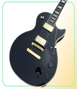 Tienda personalizada Black Beauty Gloss Black Chibson Guitarra eléctrica Diapasón de ébano Encuadernación de trastes Hardware dorado En stock Envío Q6943396