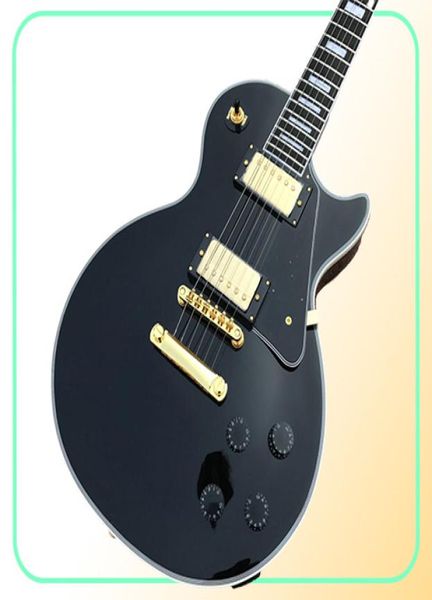 Shop personnalisée Black Beauty Gloss Black Chibson Guitare électrique Ébène Fret Fret Binding Gold Hardware en stock Ship Out Q1424697