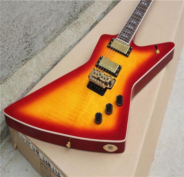 Tienda personalizada Cherry Sunburst Explorer Guitarra eléctrica Flame Maple Top Floyd Rose Tremolo MOP Split Diamond Diapasón Incrustación Golden9934476