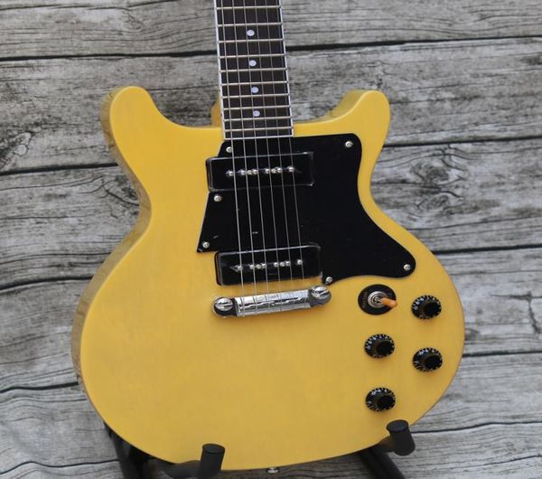 Shop personnalisé Double Cutaway Junior 1959 TV Special TV Yellow Guitar Guitar Black Pickguard Black P90 Pickups Wrap Tailpie7722997