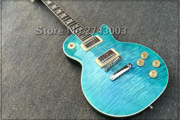 Tienda personalizada de Guitarra eléctrica, bloque superior de arce flameado azul, incrustaciones divididas, diapasón de palisandro, Hardware cromado, Guitarra de alta calidad