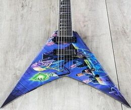 Custom Shop peint à la main 24 bleu volant V guitare électrique copie EMG pick-up noir matériel perle Fin Inlay6022635