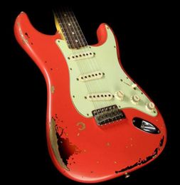 Tienda personalizada hecha a mano Michael Landau Signature 1963 Heavy Relic St Electric Guitar Fiesta Red sobre 3 tono Sunburst Alder Body Maple5926021