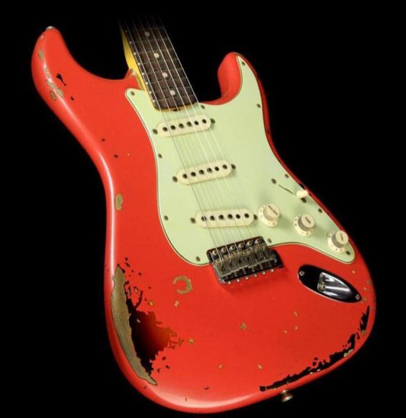 SHOP personnalisé fait à la main Michael Landau Signature 1963 Heavy Relic St Electric Guitar Fiesta Red Over 3Tone Sunburst Alder Body Maple5926021