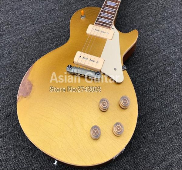 Custom Shop Heavy Relic Gold Top Goldtop Guitare électrique une pièce en acajou corps cou P90 micros enroulés autour du cordier Grov8262600