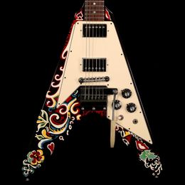 Atelier personnalisé Jimi Hendrix psychédélique peint volant V électrique guitare maestro vibrato taillé, chrome matériel, tuilp tuilp incrustation, pickguard blanc