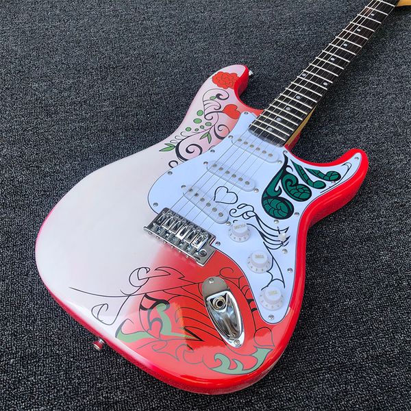 Custom Shop Jimi Hendrix Red Monterey Guitare électrique blanche Plaque de manche gravée spéciale Manche en érable Touche en palissandre Tremolo Bridge Whammy Bar Accordeur vintage