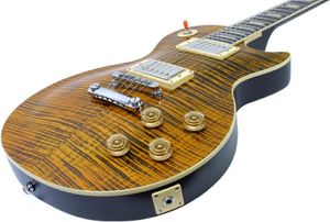 Tienda personalizada Joe Perry 1959 R9 VOS Negro Amarillo Tigre Flame Maple Top Guitarra eléctrica Trapecio amarillo MOP Inlay Tuilp Tuners Dro9013080