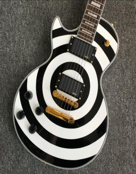 Tienda personalizada Zurdo Zakk Wylde bullseye Blanco Negro Guitarra eléctrica Copia Pastillas EMG Gold Truss Rod Cover Gold Grover Tuners4298339