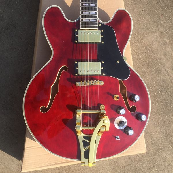 Tienda personalizada, hecha en China, guitarra eléctrica Semi Hollow Cuerpo transparente Red Color System 6 Strings Guitar, envío gratis