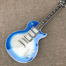 Tienda personalizada, hecha en China, guitarra eléctrica de alta calidad, herrajes cromados, guitarra azul, pastilla de tres piezas, envío gratis