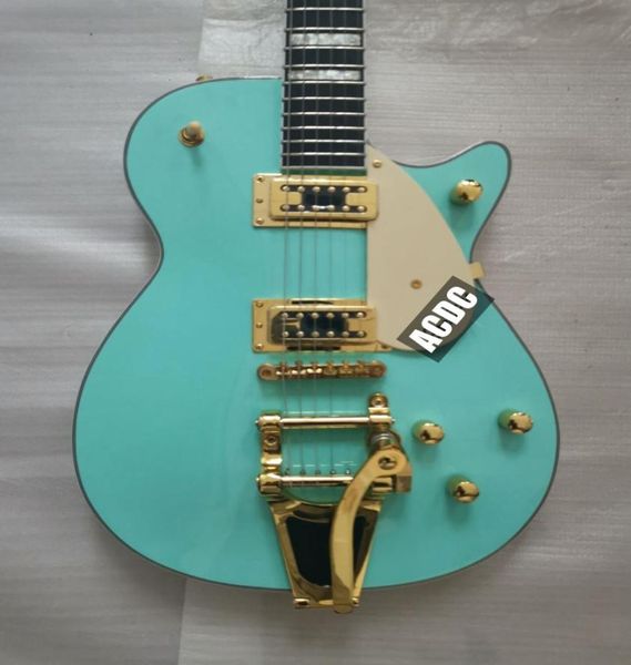 Tienda personalizada MasterBuilt 1955 Duo Jet Surf Green Green Guitarra Electric Guitar Side Back Sides Headstock Gold Sparkle Banding Bigs Tai4151751