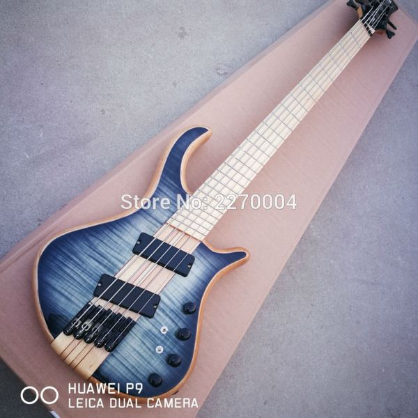 Mayon Guitare basse électrique 5 cordes bleu foncé en érable flammé avec manche traversant le corps, frettes ventilées, matériel noir, fils actifs, boîtier de batterie 9 V