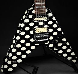 Atelier personnalisé Randy Rhoads Polka Dot Black Flying V Guitare électrique Mop Bowtie Inclays Floyd Rose Tremolo Bridge Bridge Nut WHAM5344013