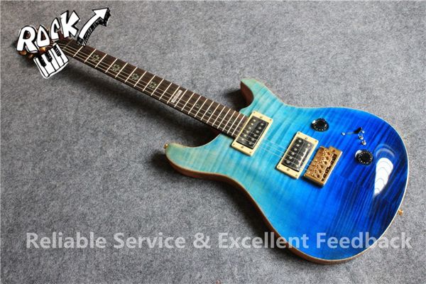 Custom Shop Reed Smith Guitare 22 frettes Tiger Flame Maple Top Bleu Faded Guitare électrique Abalone Flower Inlay Acajou naturel Dos et côté