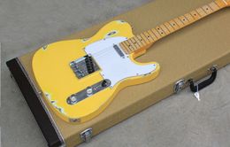 Guitare électrique jaune relic Custom Shop, corps en tilleul, accordeurs de touche en érable Vintage, matériel chromé, 6 cordes